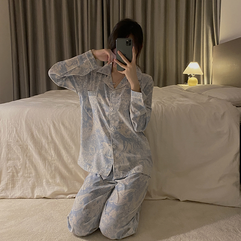 Womens Sleepwear Autumn Spring Ice Silk Pajamas Women Long Sleeve Casual Nightwear Pyjamas Suit Home Clothes Floral Printed Sleep Set 230317