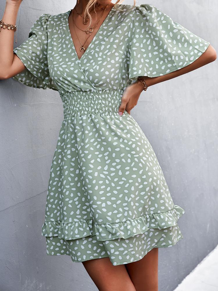 Casual Dresses Green Mini Dress Women Summer Butterfly Sleeve Sexy V Neck Ladies Boho Polka Dot A-Line Beach Sundress Vestidos