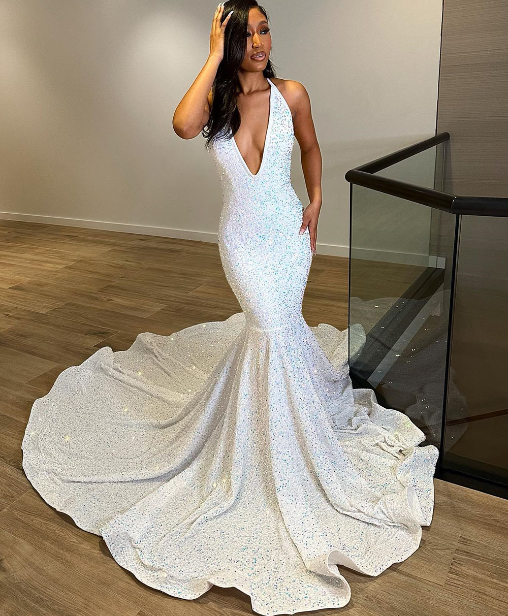 Sexy Mermaid Evening Dress 2023 V-neck Sequin White Backless Sequined Prom Formal Gowns African Black Girl Robe De Soiree Vestidos Feast Formel