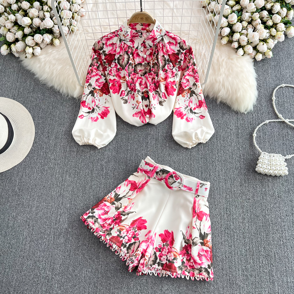 Fashion Spring Runway Two Piece Dress Sets For Women Turn Down Collar Ral Print Blouse And Shorts Suit Office Lady Outfits 2025