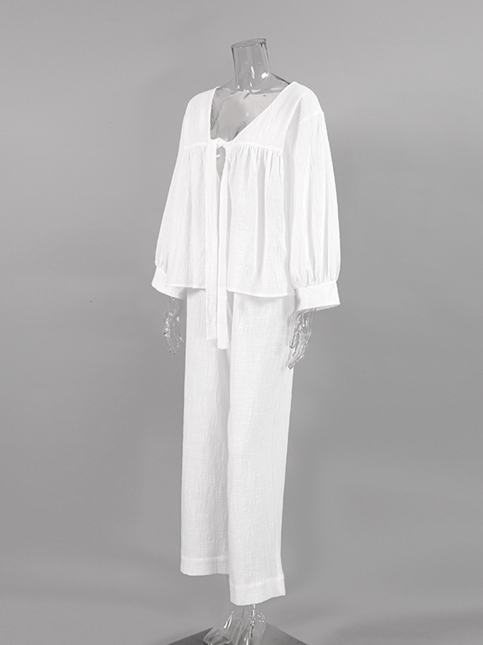 Womens Sleepwear Linad Cotton 2 Piece Sets Nightwear Three Quarter Sleeve V Neck Lace Up Pajamas Loose Trouser Suits Female 230317