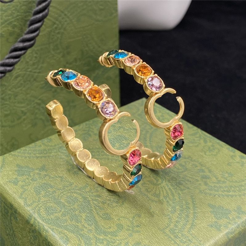 2023-Vintage Colored Diamond Hoops Brand Double Letter Earrings Ladies Bridal Studs Wedding Party Eardrops With Box