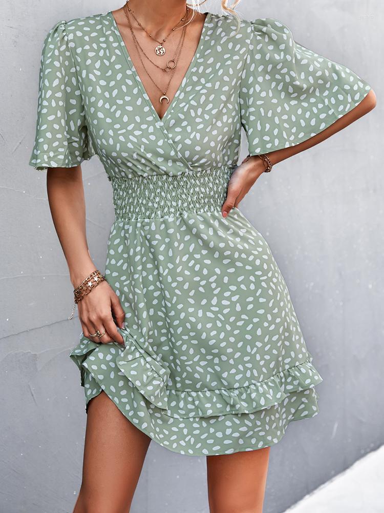 Casual Dresses Green Mini Dress Women Summer Butterfly Sleeve Sexy V Neck Ladies Boho Polka Dot A-Line Beach Sundress Vestidos
