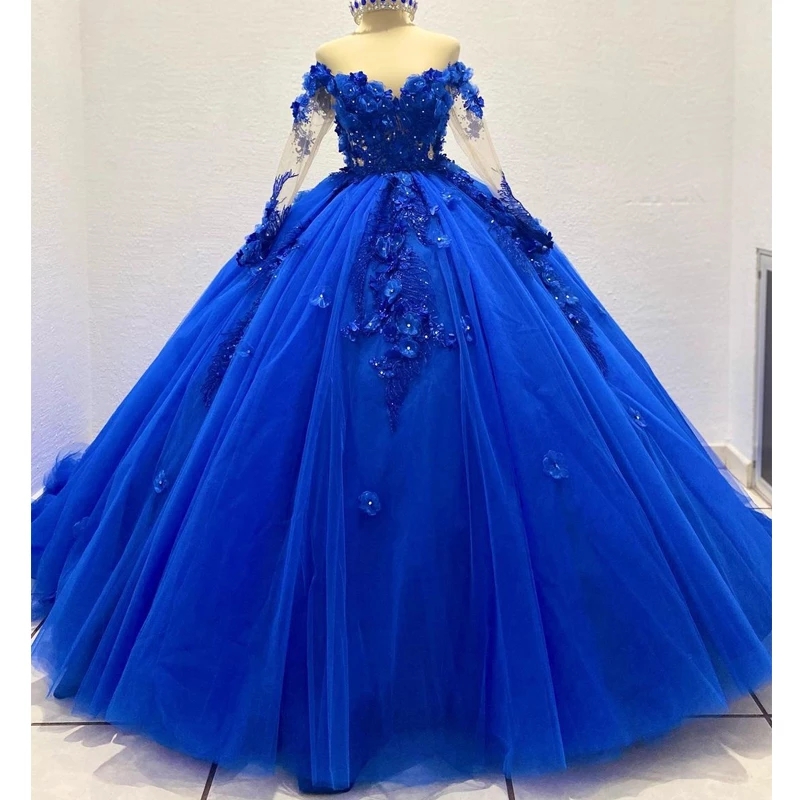Quinceanera Dresses Princess Long Sleeve Royal Blue 3D Flowers Sexy Backless Ball Gown with Tulle Plus Size Sweet 16 Debutante Party Birthday Vestidos