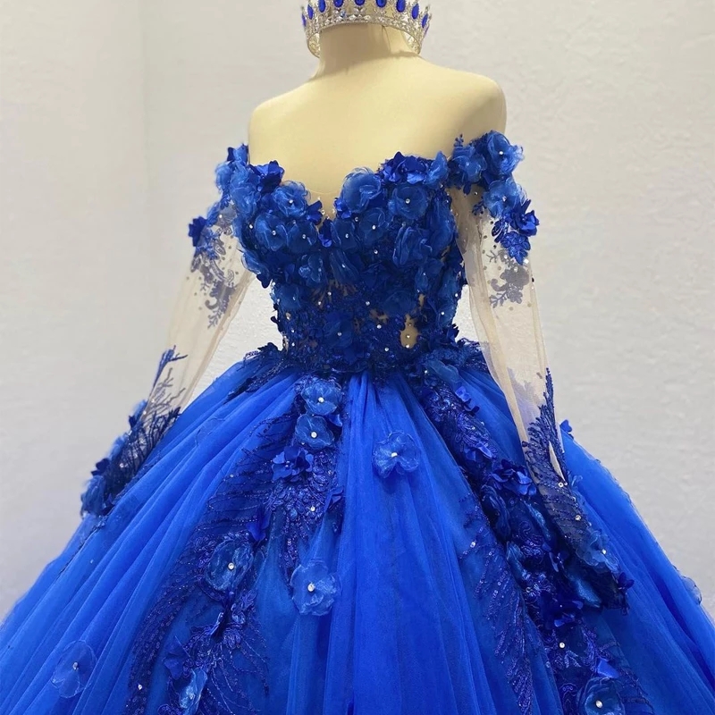 Quinceanera Dresses Princess Long Sleeve Royal Blue 3D Flowers Sexy Backless Ball Gown with Tulle Plus Size Sweet 16 Debutante Party Birthday Vestidos