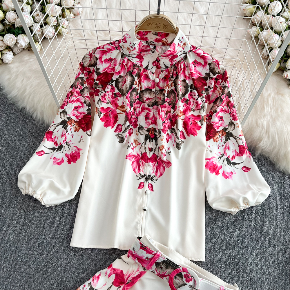 Fashion Spring Runway Two Piece Dress Sets For Women Turn Down Collar Ral Print Blouse And Shorts Suit Office Lady Outfits 2025