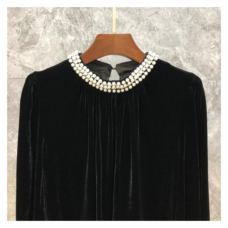 Womens o-neck beading puff long sleeve velvet fabric fashion blouse t-shirt SMLXL
