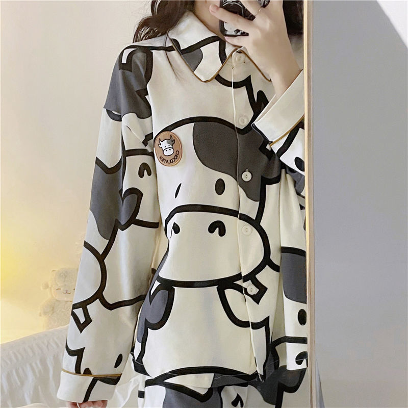 Womens Sleepwear QWEEK Cow Print Pajamas Home Clothes Cute Autumn Winter Pyjama Pour Femme Kawaii Pijamas Nightie 230317