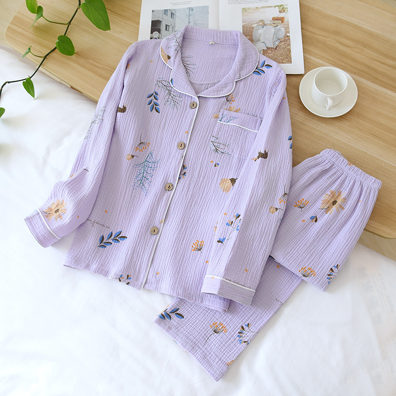 Womens Sleepwear Women Cotton Gauze Pajamas Long Sleeve Spring Pajama Set Purple Lavender Print 2 Piece Casual Loose Sexy Nightwear 230317