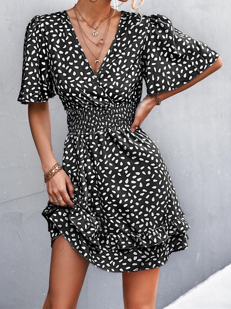 Casual Dresses Green Mini Dress Women Summer Butterfly Sleeve Sexy V Neck Ladies Boho Polka Dot A-Line Beach Sundress Vestidos