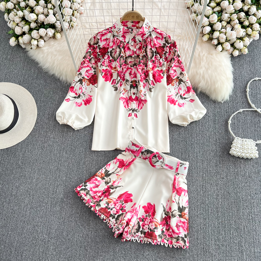Fashion Spring Runway Two Piece Dress Sets For Women Turn Down Collar Ral Print Blouse And Shorts Suit Office Lady Outfits 2025