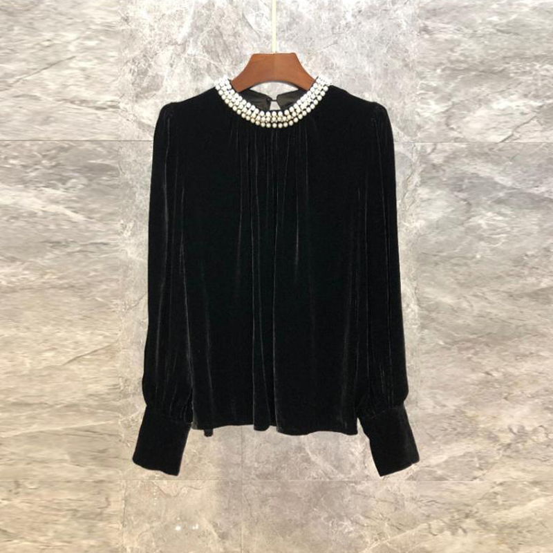 Womens o-neck beading puff long sleeve velvet fabric fashion blouse t-shirt SMLXL