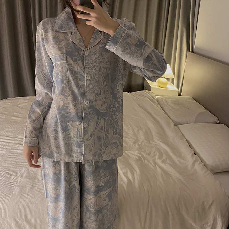 Womens Sleepwear Autumn Spring Ice Silk Pajamas Women Long Sleeve Casual Nightwear Pyjamas Suit Home Clothes Floral Printed Sleep Set 230317