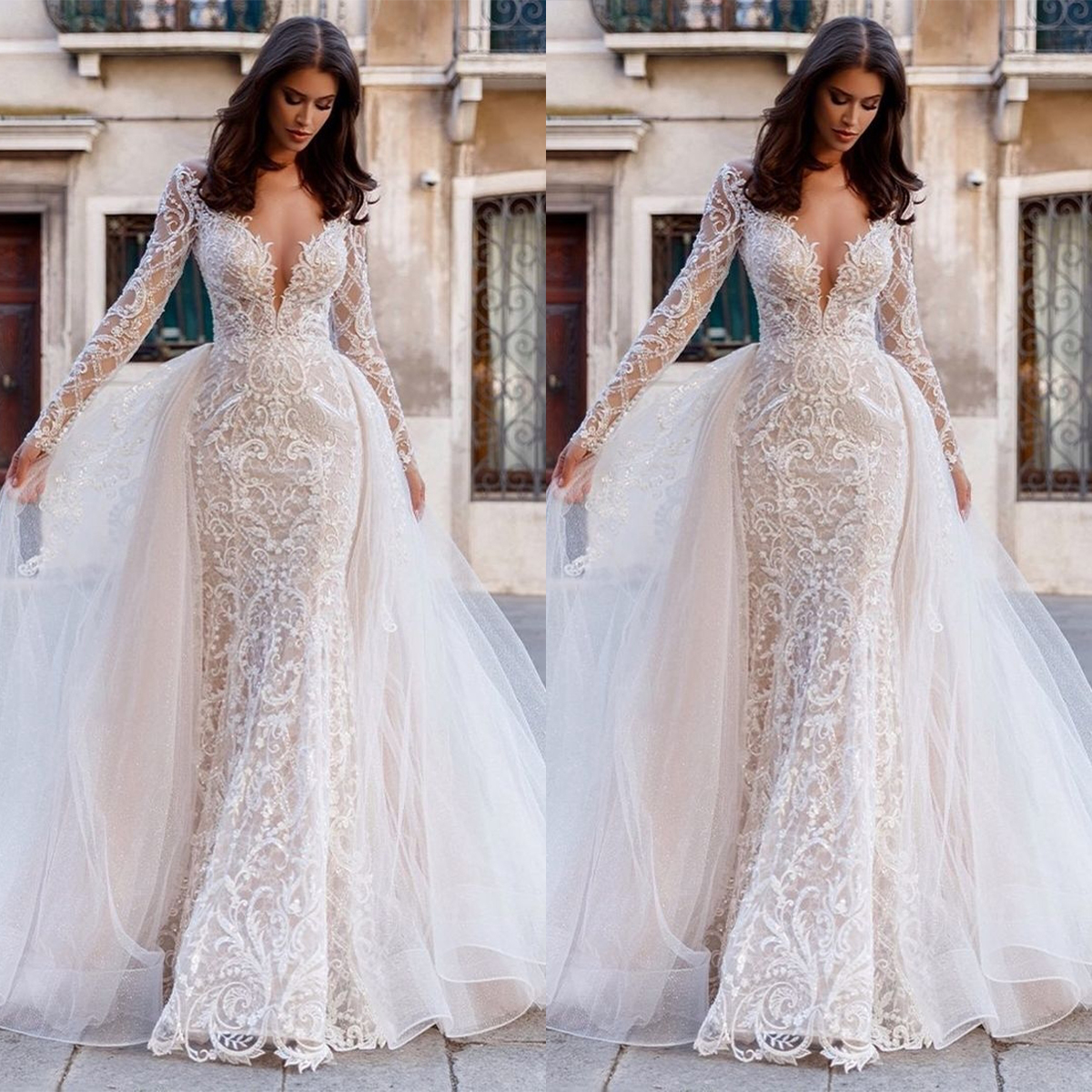 Gorgeous Mermaid Wedding Dresses Deep V-Neck Lace Applicant Long Sleeves Floor Length with Tulle Gown Custom Made Plus Size Bridal Gown Vestidos De No