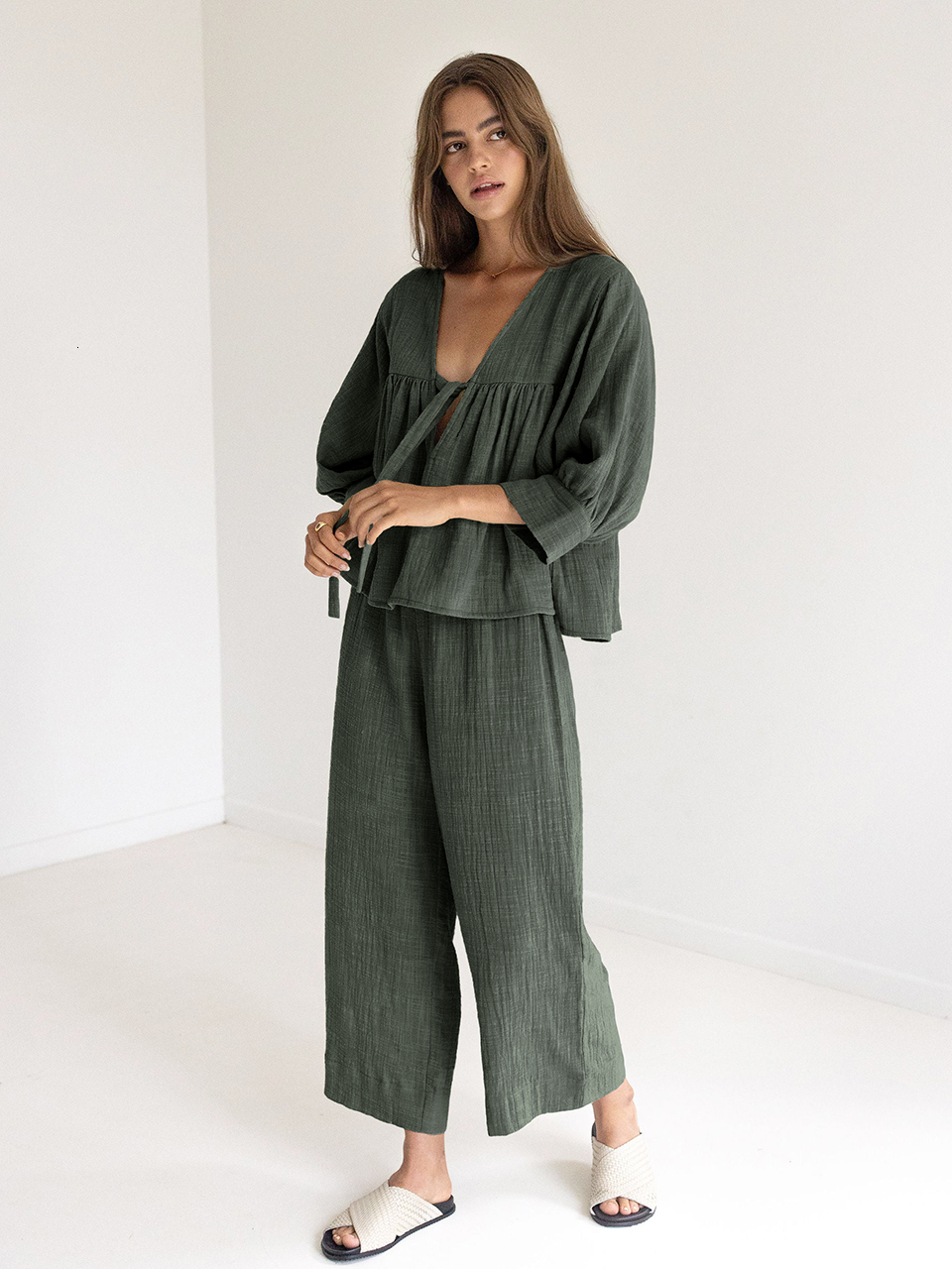 Womens Sleepwear Linad Cotton 2 Piece Sets Nightwear Three Quarter Sleeve V Neck Lace Up Pajamas Loose Trouser Suits Female 230317