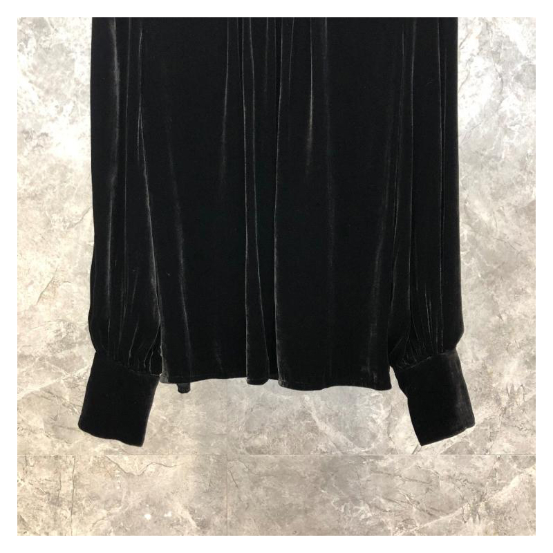 Womens o-neck beading puff long sleeve velvet fabric fashion blouse t-shirt SMLXL