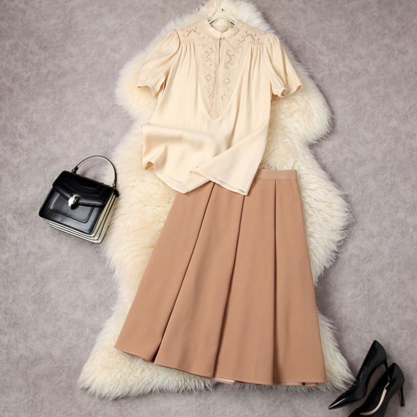 2023 Summer Short Sleeve Round Neck Two Piece Suits Apricot Solid Color Embroidery Top & High Waist Mid-Calf Skirt 2 Pieces Set 22A194041, Multi
2023 Summer Short Sleeve Round Neck Two Piece Suits Apricot Solid Color Embroidery Top & High Waist Mid-Calf Skirt 2 Pieces Set 22A194041, Multi