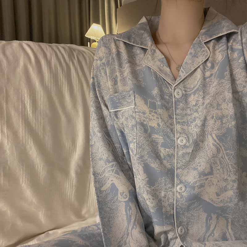 Womens Sleepwear Autumn Spring Ice Silk Pajamas Women Long Sleeve Casual Nightwear Pyjamas Suit Home Clothes Floral Printed Sleep Set 230317