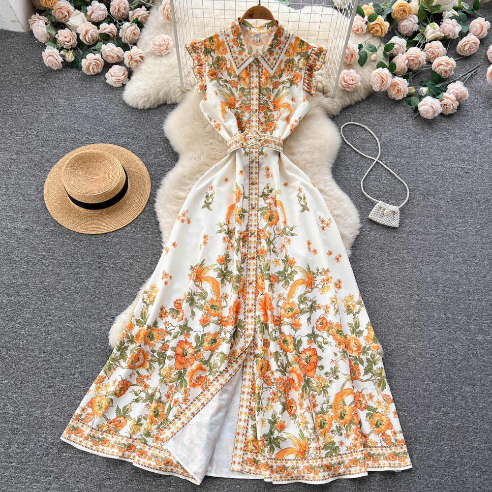 Summer Casual Dresses Women New Palace Style High Waist Suspenders Cake Dress Mid-length Print Runway Party Dresses 2023