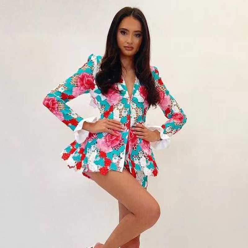 Womens Two Piece Pants Beachapche Sexy V Neck Suits Fashion Backless Hollow Out Suit Elegant Printed Loose Shorts Female Ladies 230317