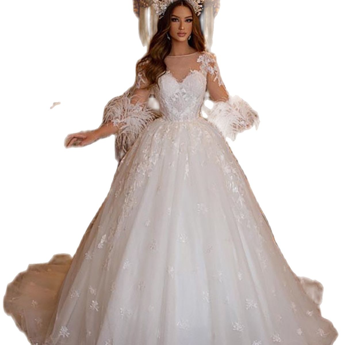 Fashion Ostrich Feather A Line Wedding Dresses Sheer Jewel Neck Long Sleeve Lace Bride Dress Illusion Bridal Gowns