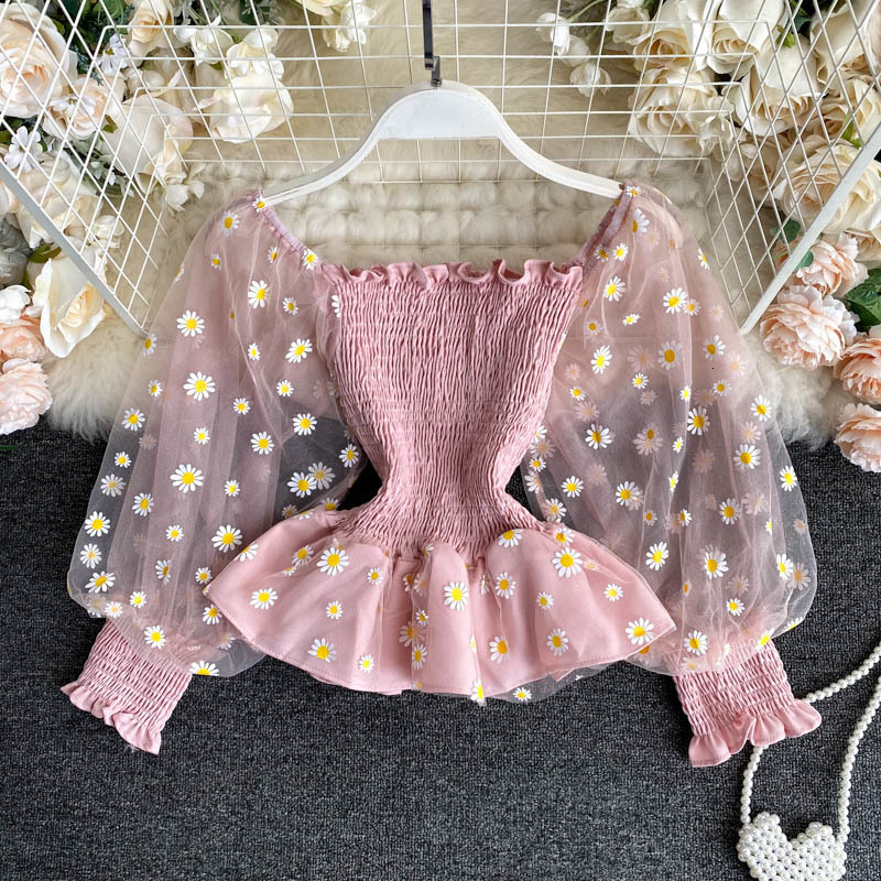 Women's Polos Laces female trumpet sleeve tull fashionable and western style with a mesh top very fairy transparent 230317