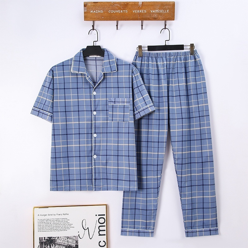 Men's Sleepwear Summer Plus Size Short Sleeve Long Pants Cotton Pajama Sets for Men Korean Casual Plaid Sleepwear Male Homewear Clothes 230320