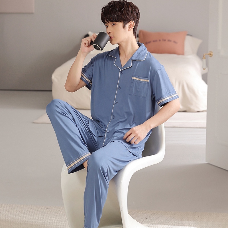 Men's Sleepwear Summer Plus Size Short Sleeve Long Pants Cotton Pajama Sets for Men Korean Sleepwear Suit Pyjama Male Homewear Home Clothes 23032
