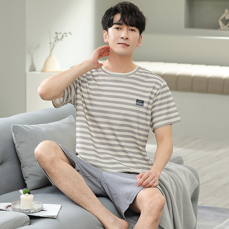 Men's Sleepwear est Summer Knited Cotton Pajamas Set Loose L-5XL Men Pyjamas Short Sleeve Stried Sleepwear Male Leisure Home Clothing 230320