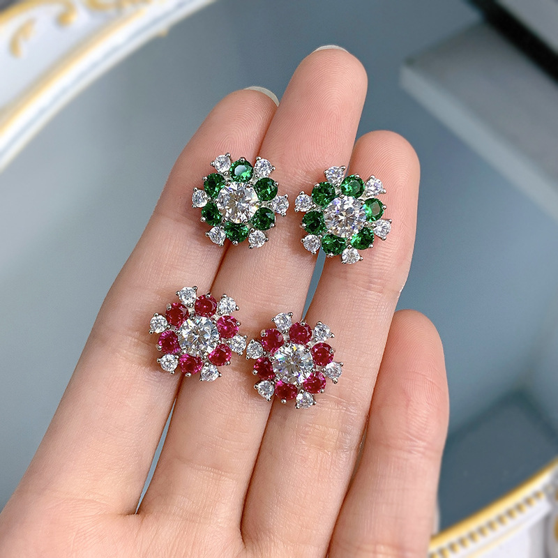 Snow Flower Emerald Diamond Stud Earring 100% Real 925 sterling silver Promise Wedding Earrings for Women Bridal Party Jewelry