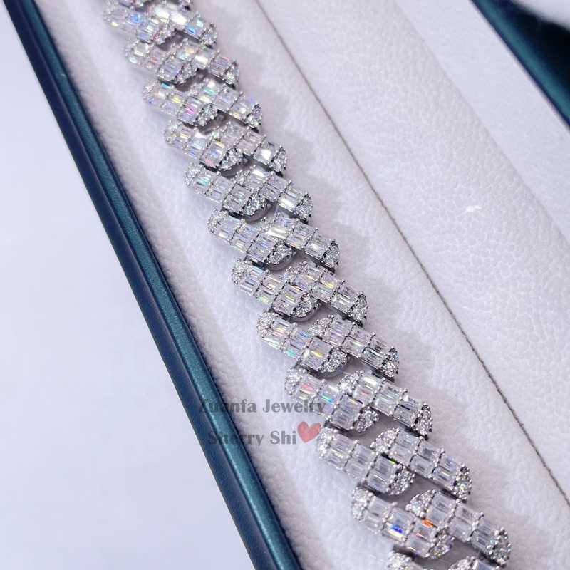 15mm Vvs Baguette Cut Moissanite Diamond Hip Hop Men Silver Iced Out Cuban Bracelet