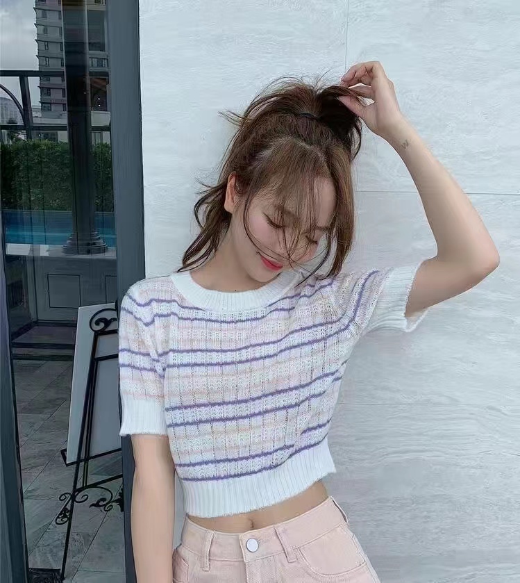 Women's T-Shirt Crop Top Striped Short Sleeve T-Shirt Knitting Camisol Black Beautiful Woman Blouse Casual Languid Summer Thin Women's Cloth