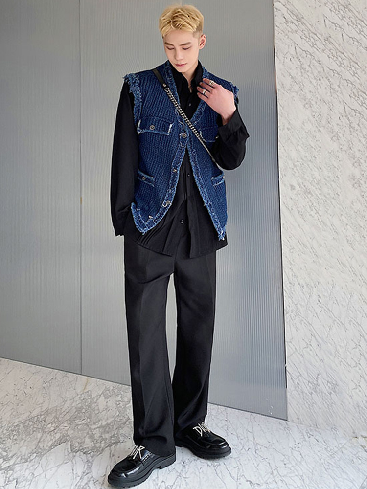 Men's Vests IEFB Korean Style Texture Men Casual Denim Vest 2023 Fashionable Loose Top Solid Color Single Breasted 9A1612 230320