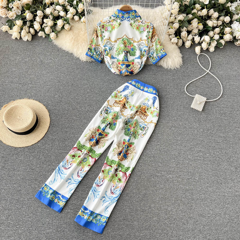 Womens Two Piece Pants 2 Piece Sets Womens Outfits Temperament Suit Style Ladies Shirt Retro Print High Waist Wide Leg Pants Fashionable Suit 230320