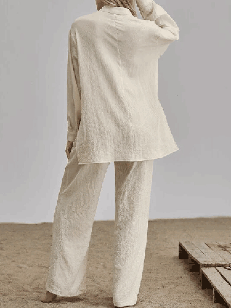 Womens Two Piece Pants Cotton Linen Long Sleeved Temperament Suit Single Breasted Slit Shirt Wide Leg Pants Lady 2pc Set Summer Loose Outfit 230320