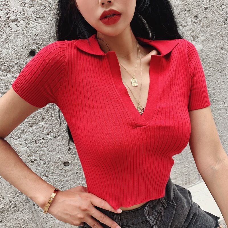 Women's Polos Sexy Knitted Slim Tshirts Summer Fashion Women Solid Color Cropped Tops XMMWDC716 230317Z