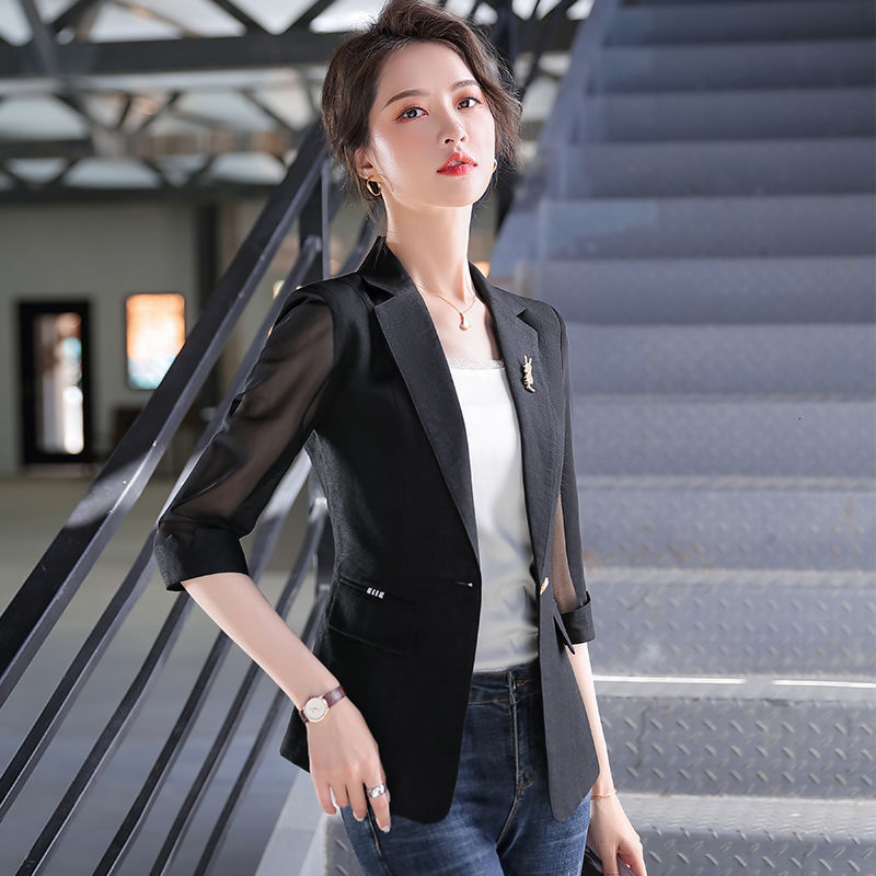 Women's Suits Blazers Thin Spring Summer Office Lady Fashion Notched Business Casual Pocket Solid Skinny Simple Three Quarter Sleeve Women's