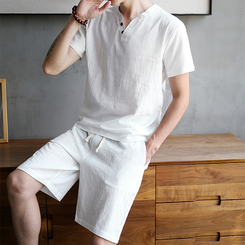 Men's Sleepwear Summer Men's T-Shirt Two-Piece Cotton and Linen Solid Color V-Neck Thin Short-Sleeved Shorts Set 230320