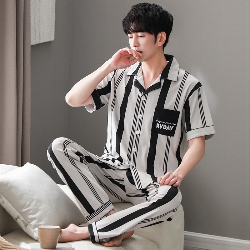 Men's Sleepwear Summer Plus Size Cotton Short Sleeve Long Pants Pajama Sets For Men Casual Striped Sleepwear Suit Homewear Home Clothes 230320