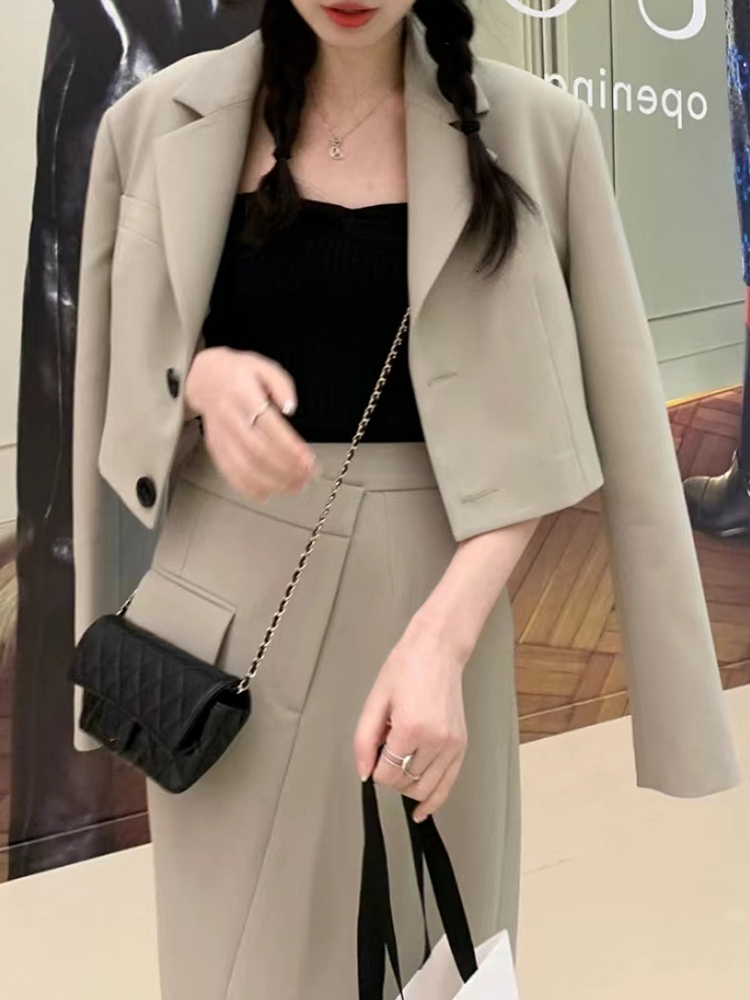 Two Piece Dress Autumn Women Vintage Blazer Skirts Suit Casual Cropped Jackets High Waist Bodycon Saya 2 Pieces Set Female Fashion Clothes 230320