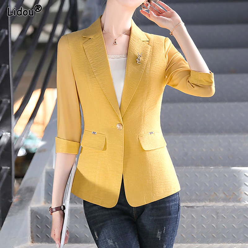Women's Suits Blazers Thin Spring Summer Office Lady Fashion Notched Business Casual Pocket Solid Skinny Simple Three Quarter Sleeve Women's