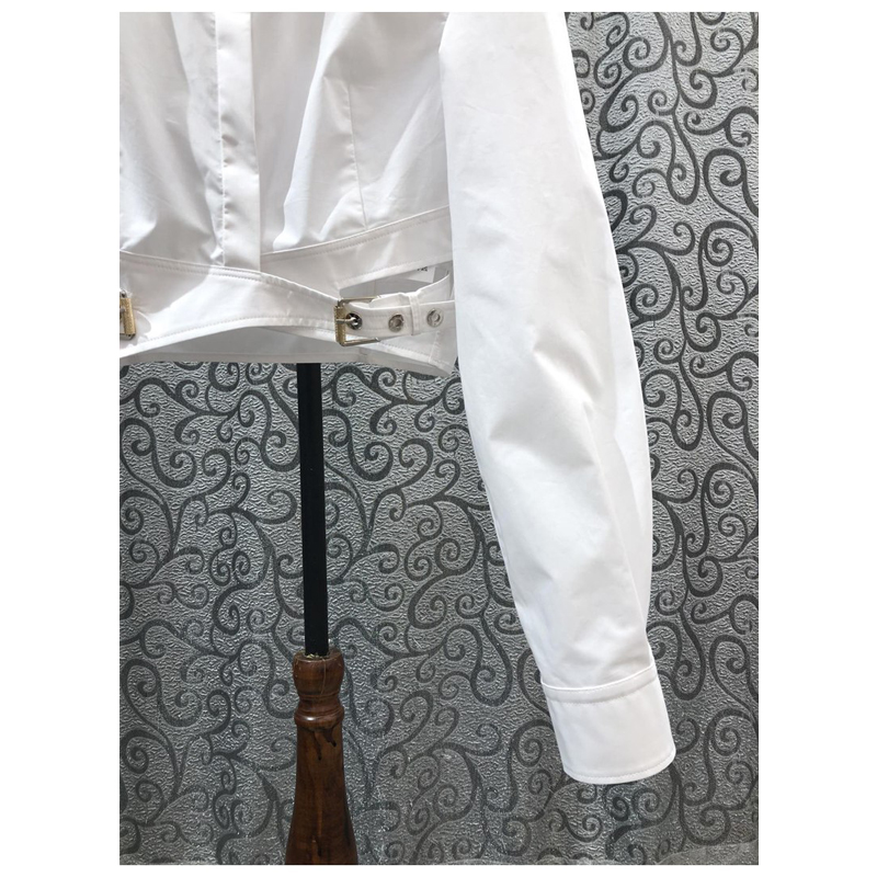 Womens blouse turn down collar single breasted long sleeve high waist up-navel cross bandage shirt SMLXL