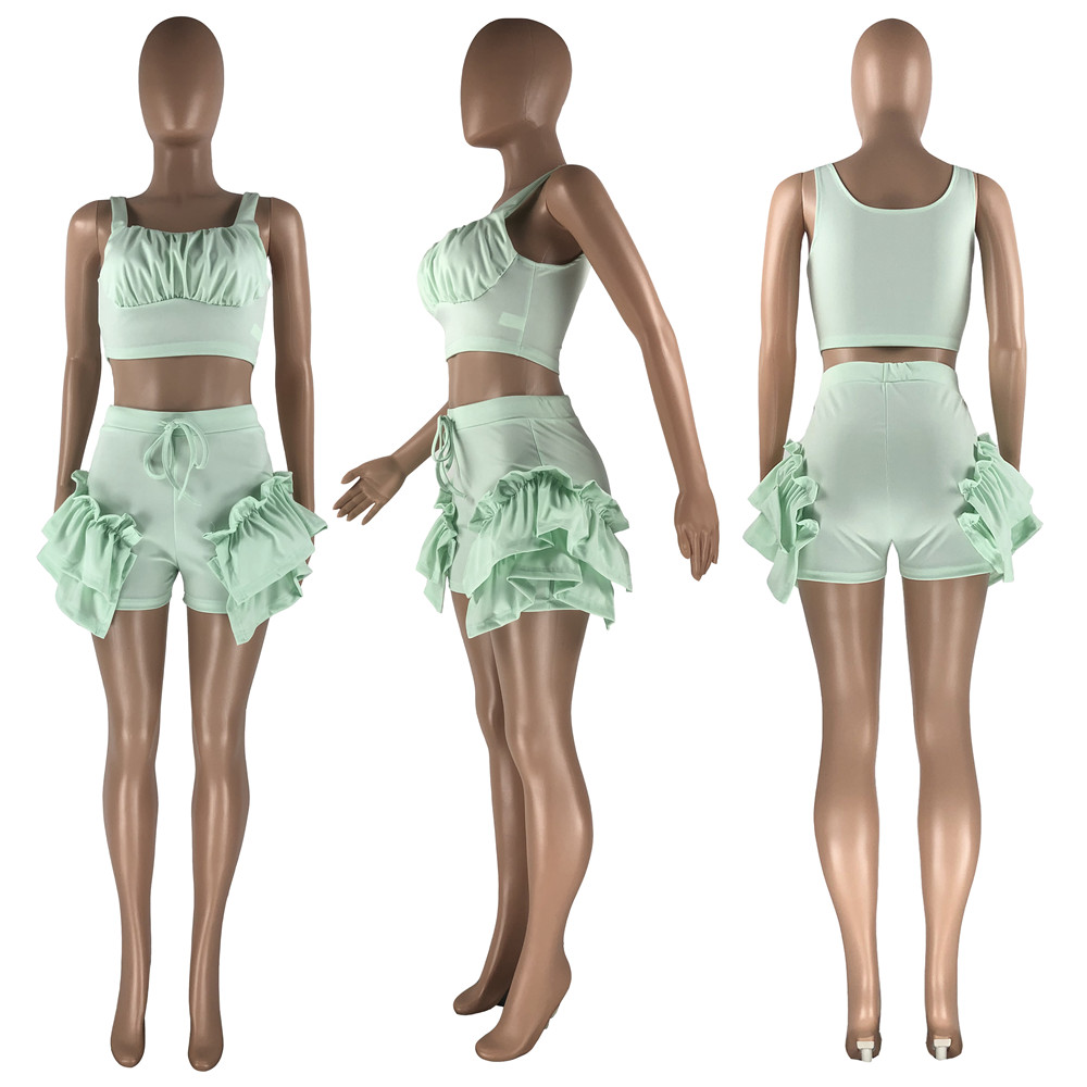 2023 Designer Summer Tracksuits Women Two Piece Sets Solid Outfits Sleeveless Crop Top and Ruffle Shorts Matching Sportswear Fitness Clothes Bulk Whol