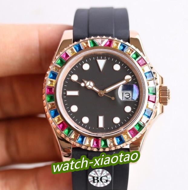 Watch YM Date Black Dial Automatic Mens Watch Rainbow Diamond Bzeel Rose Gold Rubber Strap 2813 Nautical Style Watches Diving Free Gift