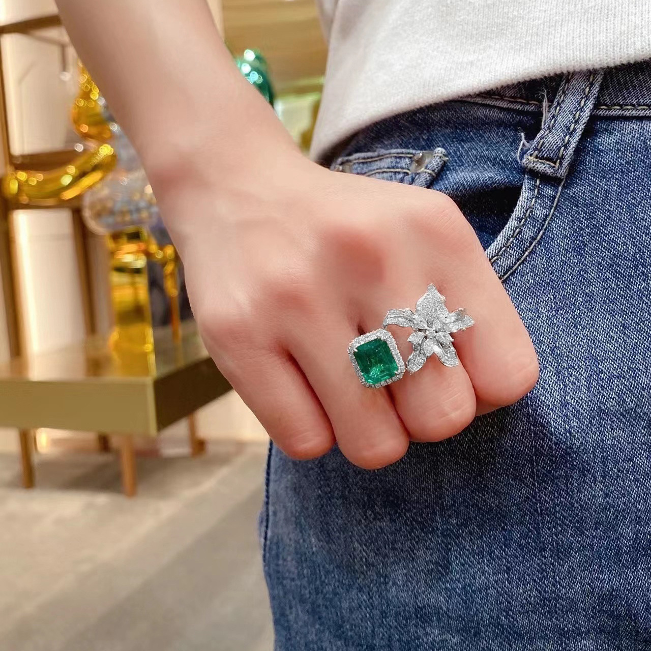 Handmade Lab Emerald Finger Ring 925 Sterling silver Engagement Wedding Band Rings for Women Bridal Birthday Party Jewelry Gift