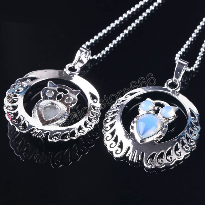 Natural Stone Owl Necklace Animal Pendant Hollow Silver Color Necklaces & Pendants Trendy Jewelry for Women Men Gift