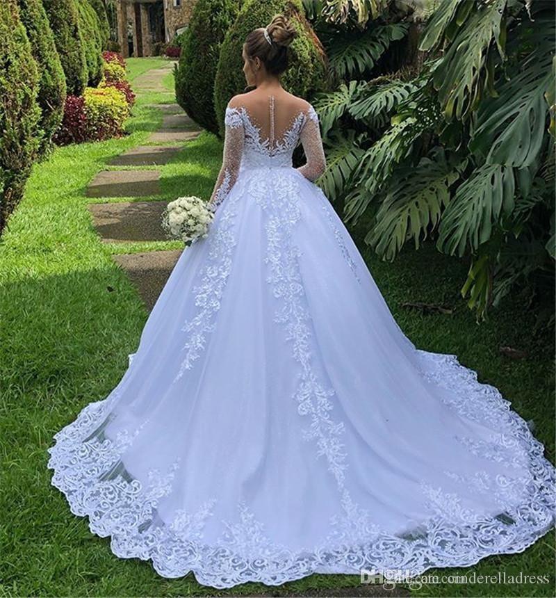 Long Sleeves Wedding Dresses Bridal Gown Scoop Neck Lace Applique Sweep Train Tulle Satin Plus Size Custom Made Garden Beach Vestido De Novia