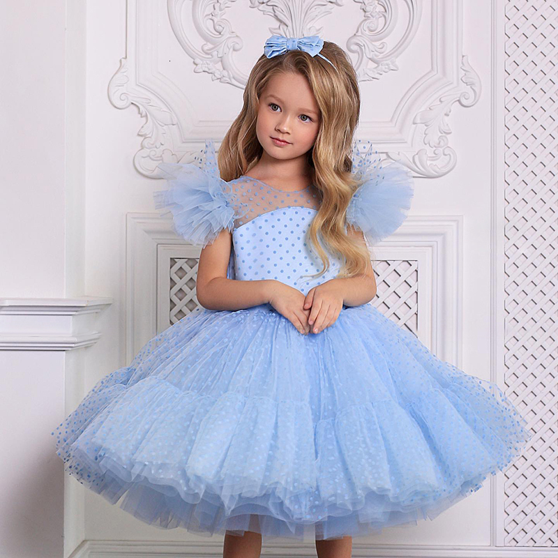 Girl's Dresses 4-10T Kids Girls Elegant Dress for Evening Party Little Girl Dots Tulle Princess Gown Children Clothing Blue Wedding Vestidos 2303