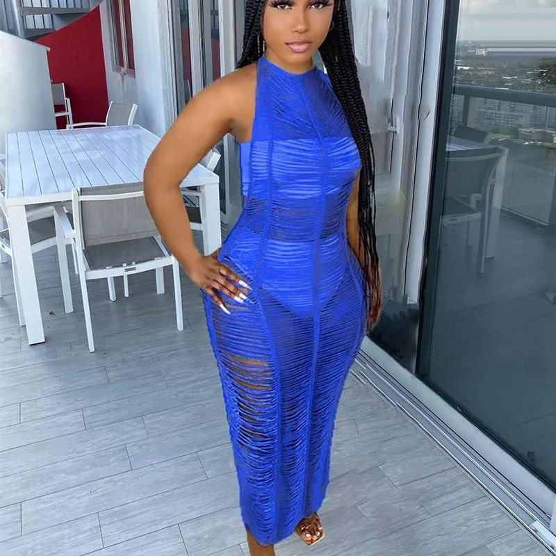 Casual Dresses Sexy Crochet Knitted See Through Long Maxi Beach Dress Summer Sleeveless Halter Backless Cover Up Holiday Vestido