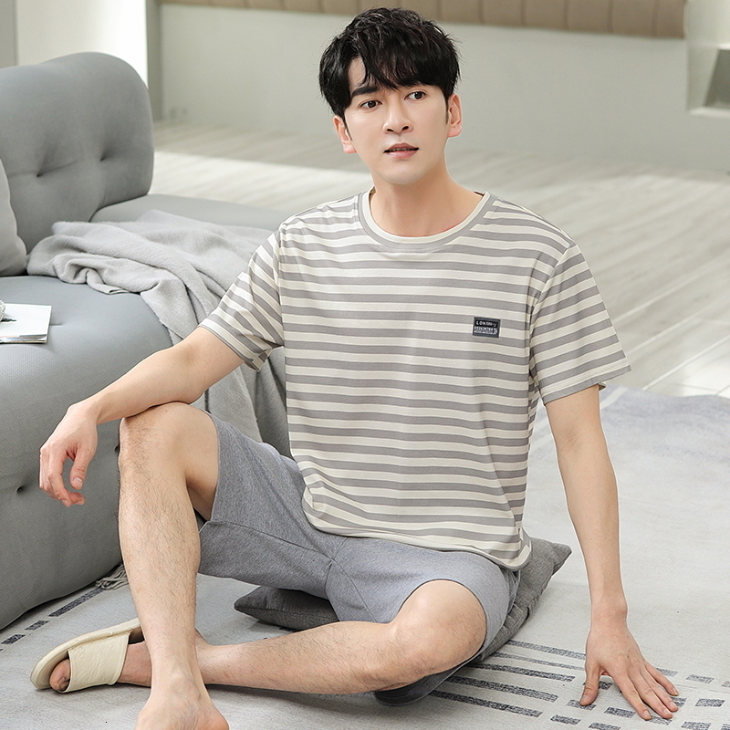 Men's Sleepwear est Summer Knited Cotton Pajamas Set Loose L-5XL Men Pyjamas Short Sleeve Stried Sleepwear Male Leisure Home Clothing 230320